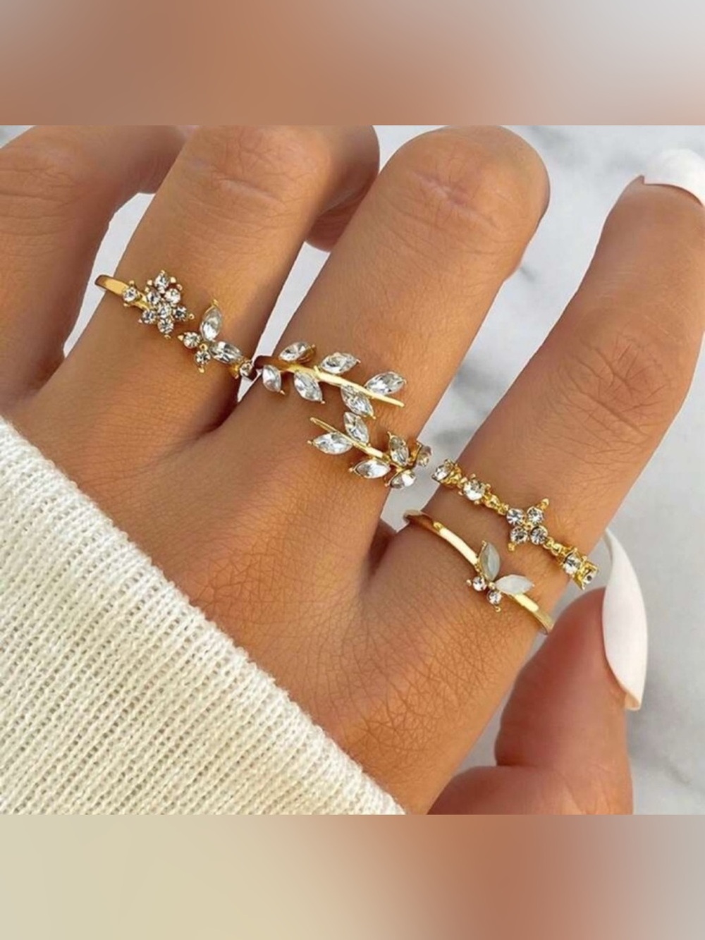 Gold Floral Ring Set – 5pc Stackable Rings - Picture 2 of 3